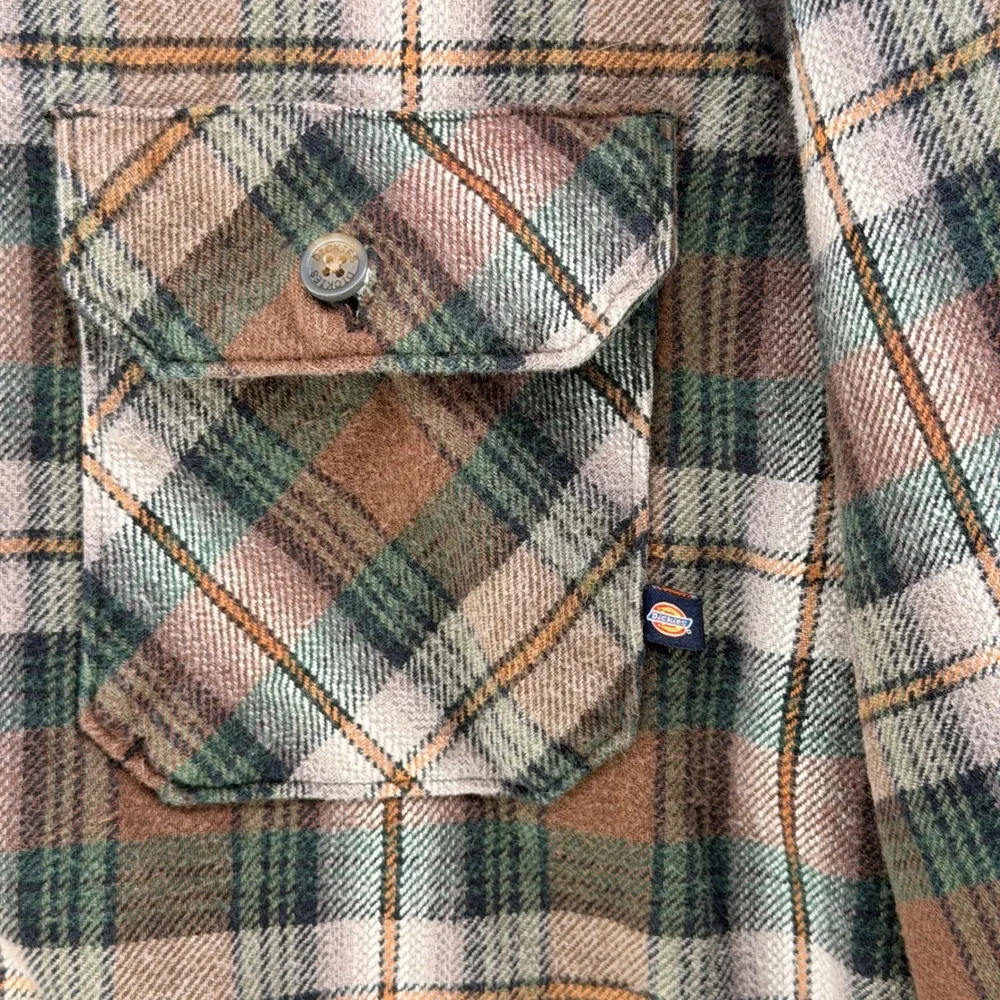 Dickies Mens 2XL Plaid Flannel Shirt Brown Green Long Sleeve Cotton Workwear
